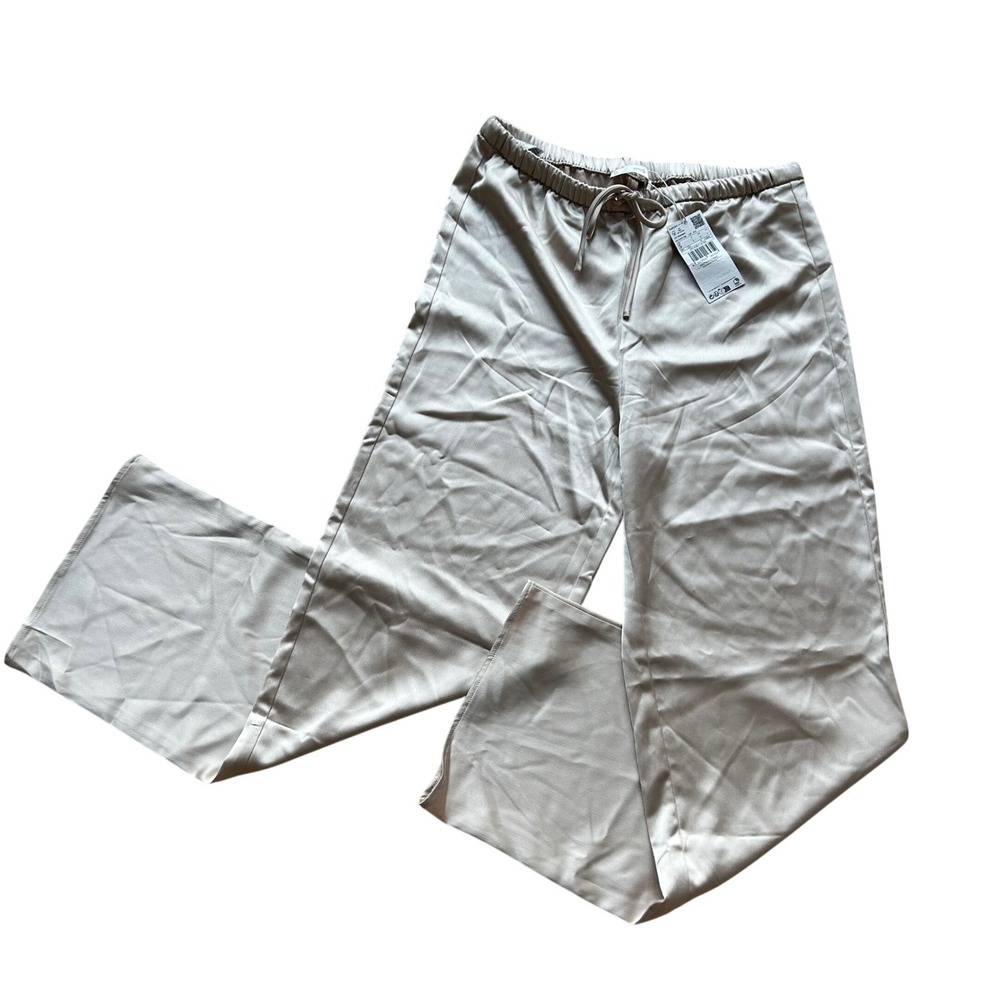 NWT Mango Satin Trousers Women S Beige Wide Leg Drawstring Pants Resortwear Airy - Picture 2 of 9